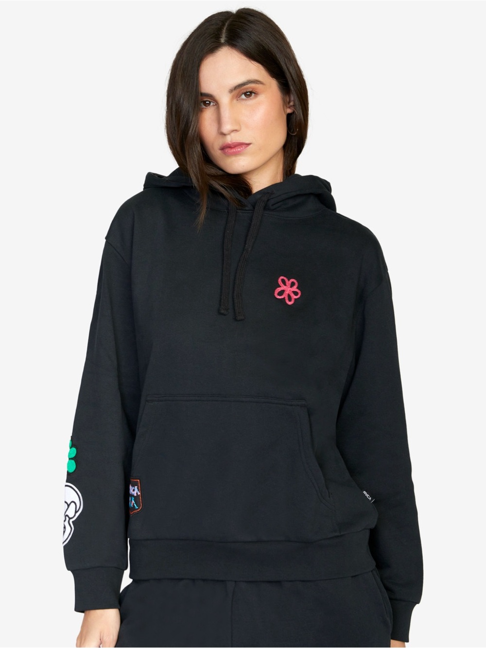 RVCA Black Mark Oblow Patch Cotton Terry Hoodie Sweatshirt for Women